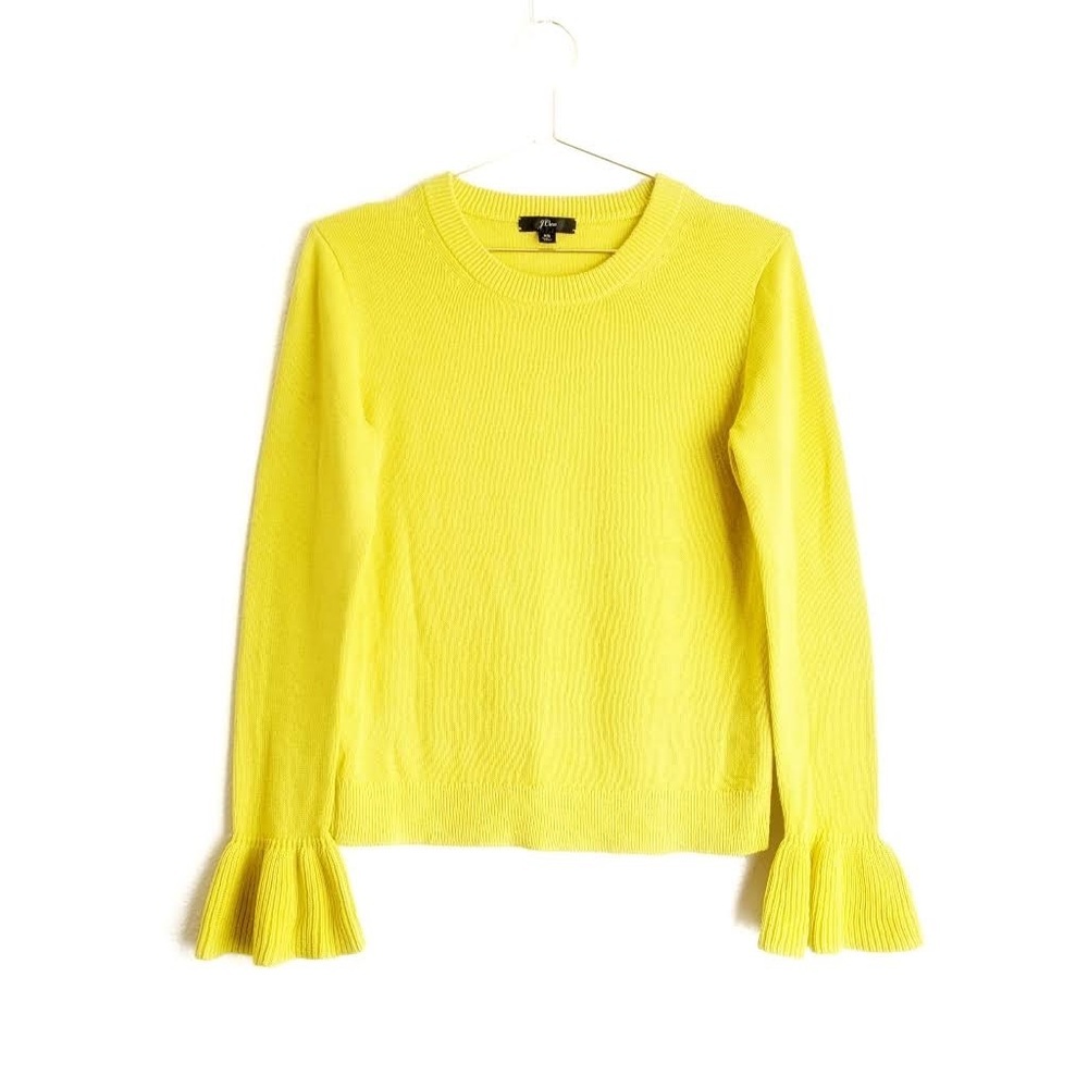 Women's J. Crew Yellow Ruffle Bell Sleeve Crew Neck Pullover Sweater EUC Size S